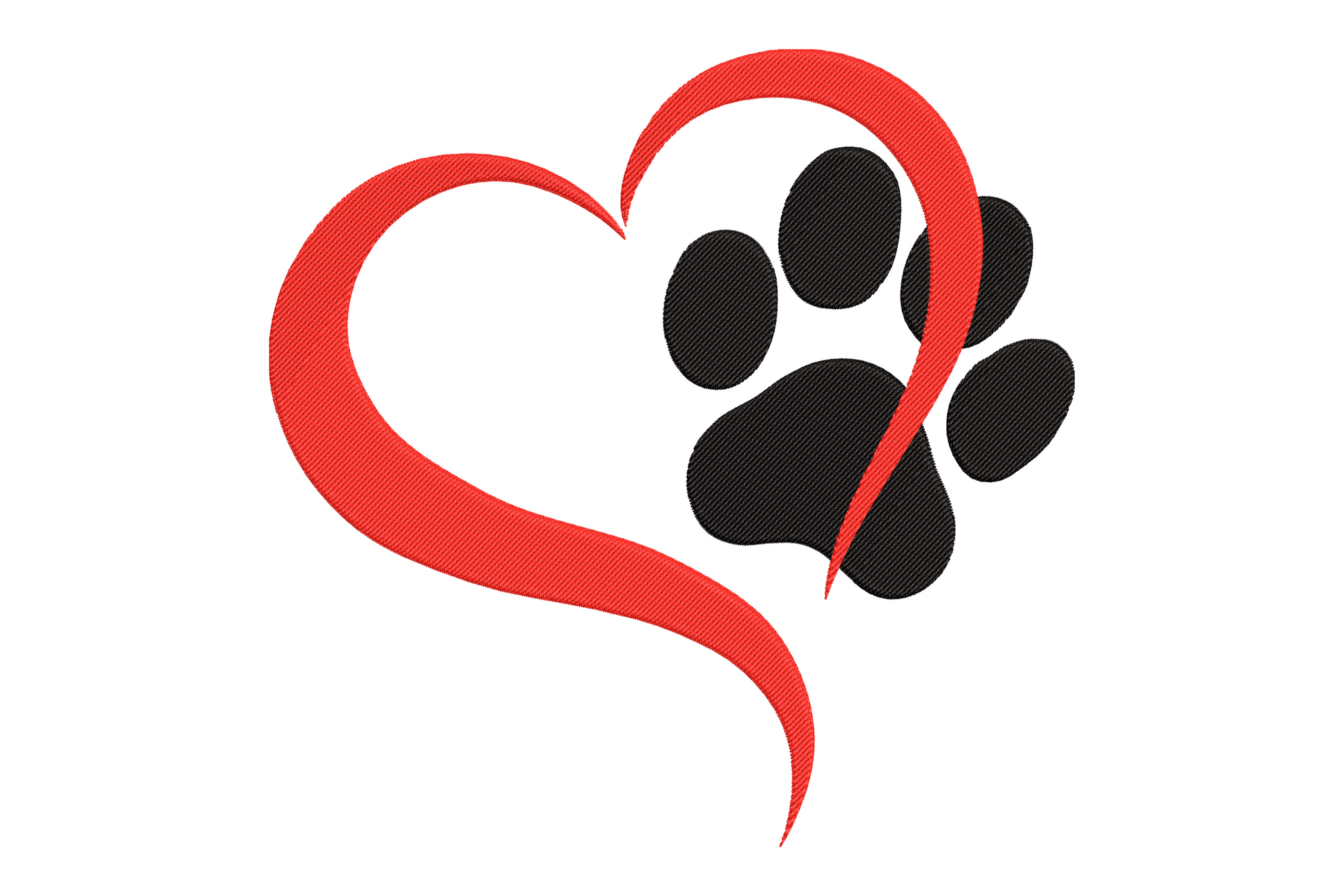 Pet love paw print embroidery with single-stroke red heart outline and overlapping solid black paw print, 2-colour design.