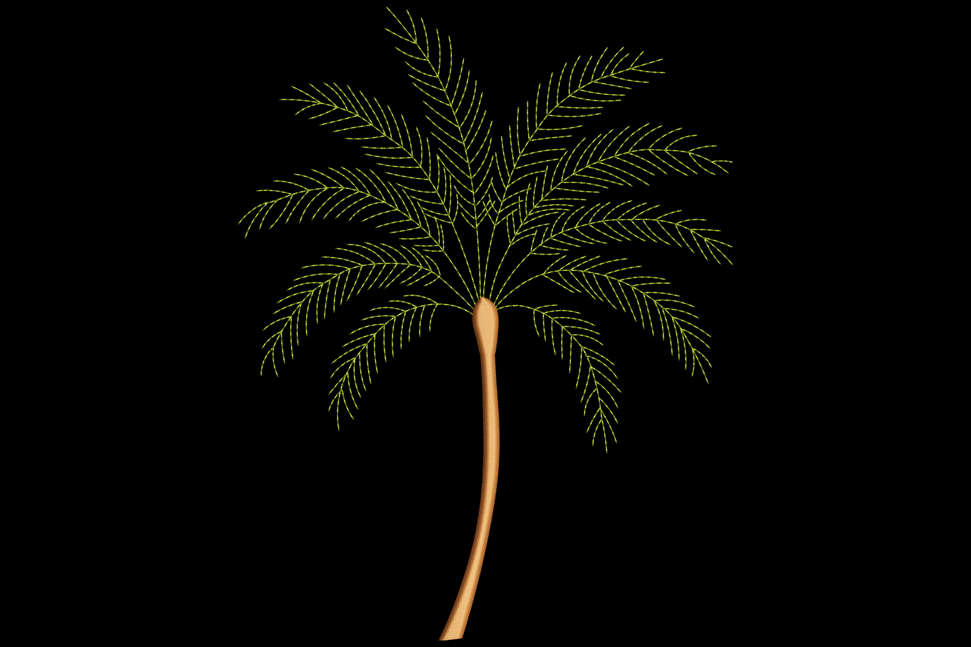 Palm tree embroidery design with feathery forest green fronds and warm tan trunk, clean line art style, on black background.