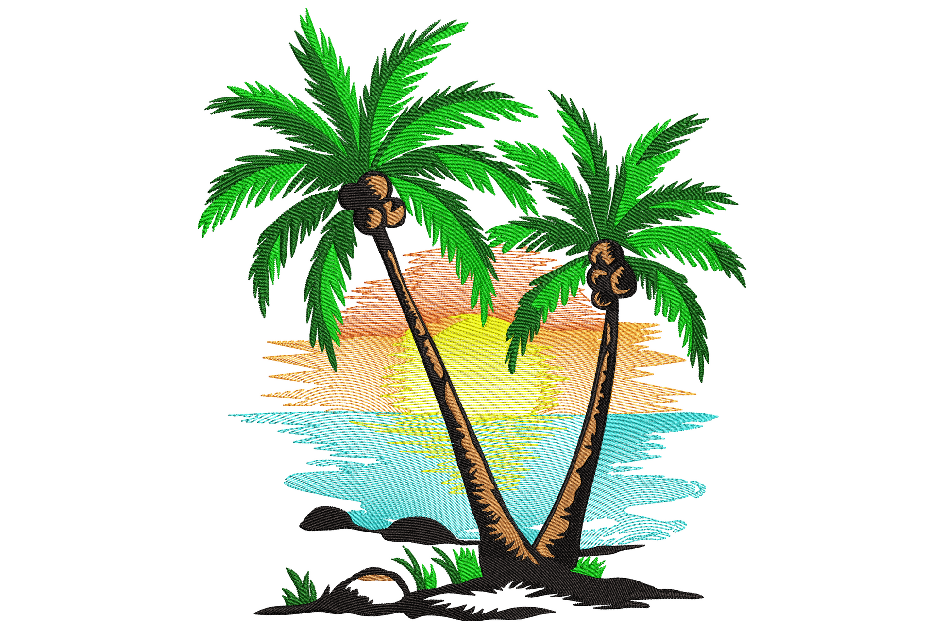 Two palm trees crossing in front of a yellow sun setting over orange and aqua water with a black sand base