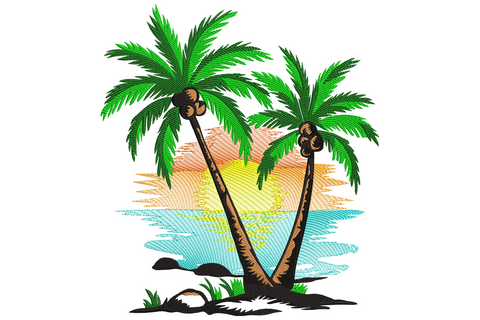 Two palm trees crossing in front of a yellow sun setting over orange and aqua water with a black sand base