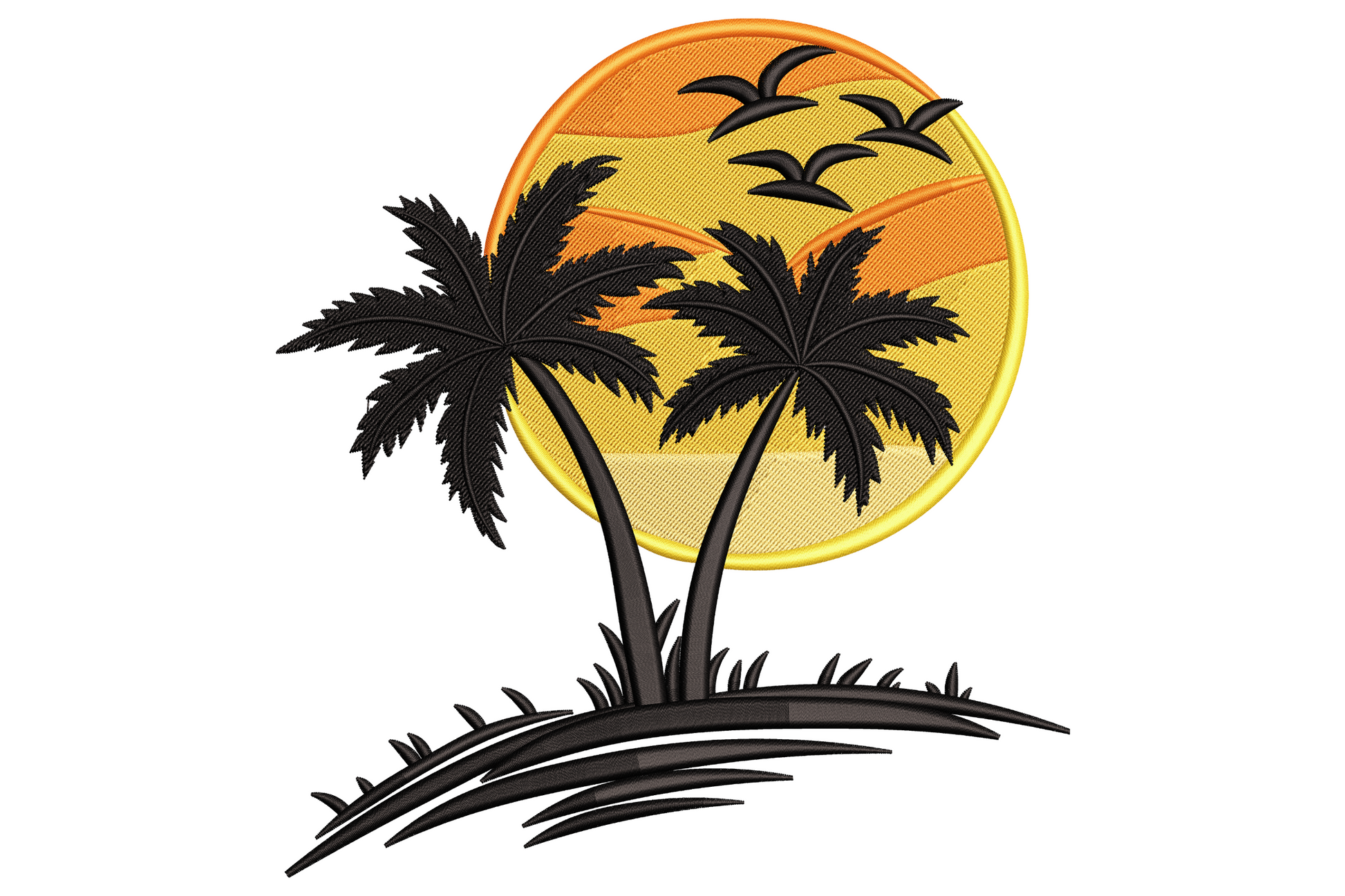 Palm trees sunset embroidery design with three black silhouetted palms against a pink, yellow and orange sunset sky.