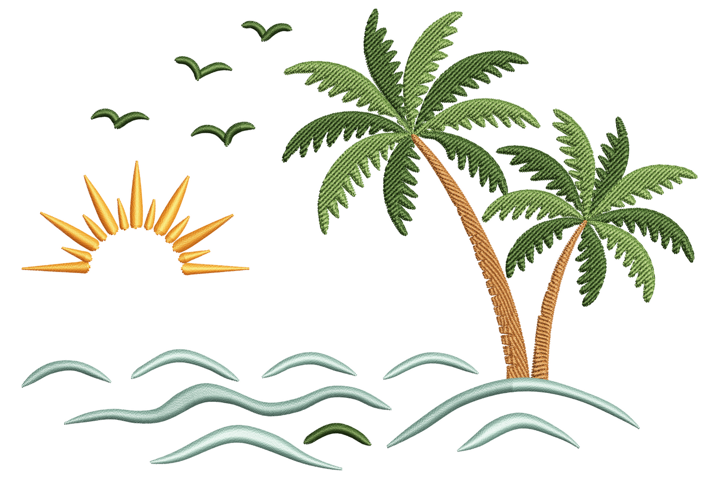Palm trees, rising sun and waves embroidery scene with two trees on a sand island, yellow sun and birds above.