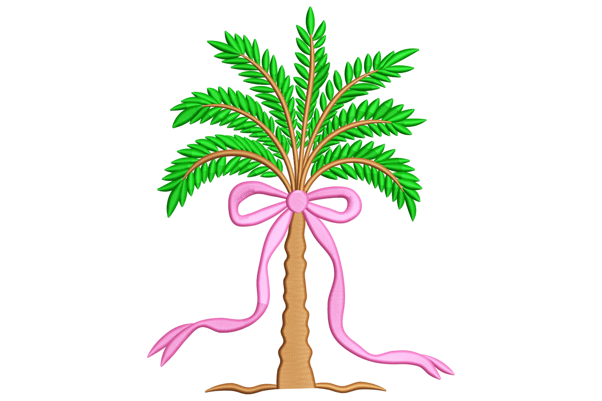 Tropical palm tree embroidery with green fronds, soft pink satin bow tied around warm tan trunk and small sandy mound below.