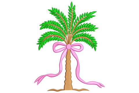 Tropical palm tree embroidery with green fronds, soft pink satin bow tied around warm tan trunk and small sandy mound below.
