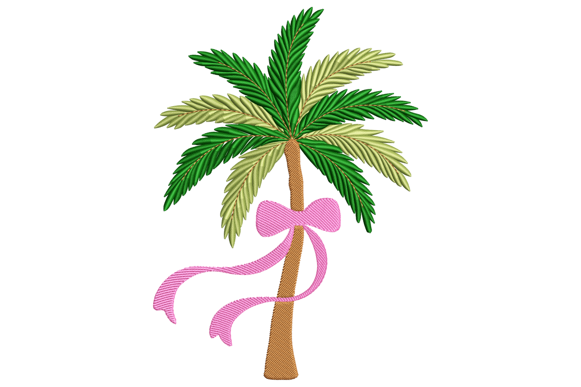 Tropical palm tree with soft pink ribbon bow tied at trunk, lush green fronds spraying from crown, embroidery design with trailing tails.