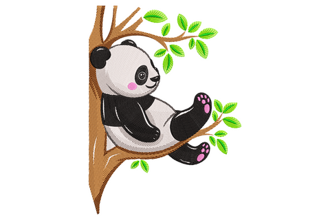 Panda on tree embroidery design with round baby panda clinging to brown branch, black eye patches, pink paws and rosy cheeks with bright green leaves.