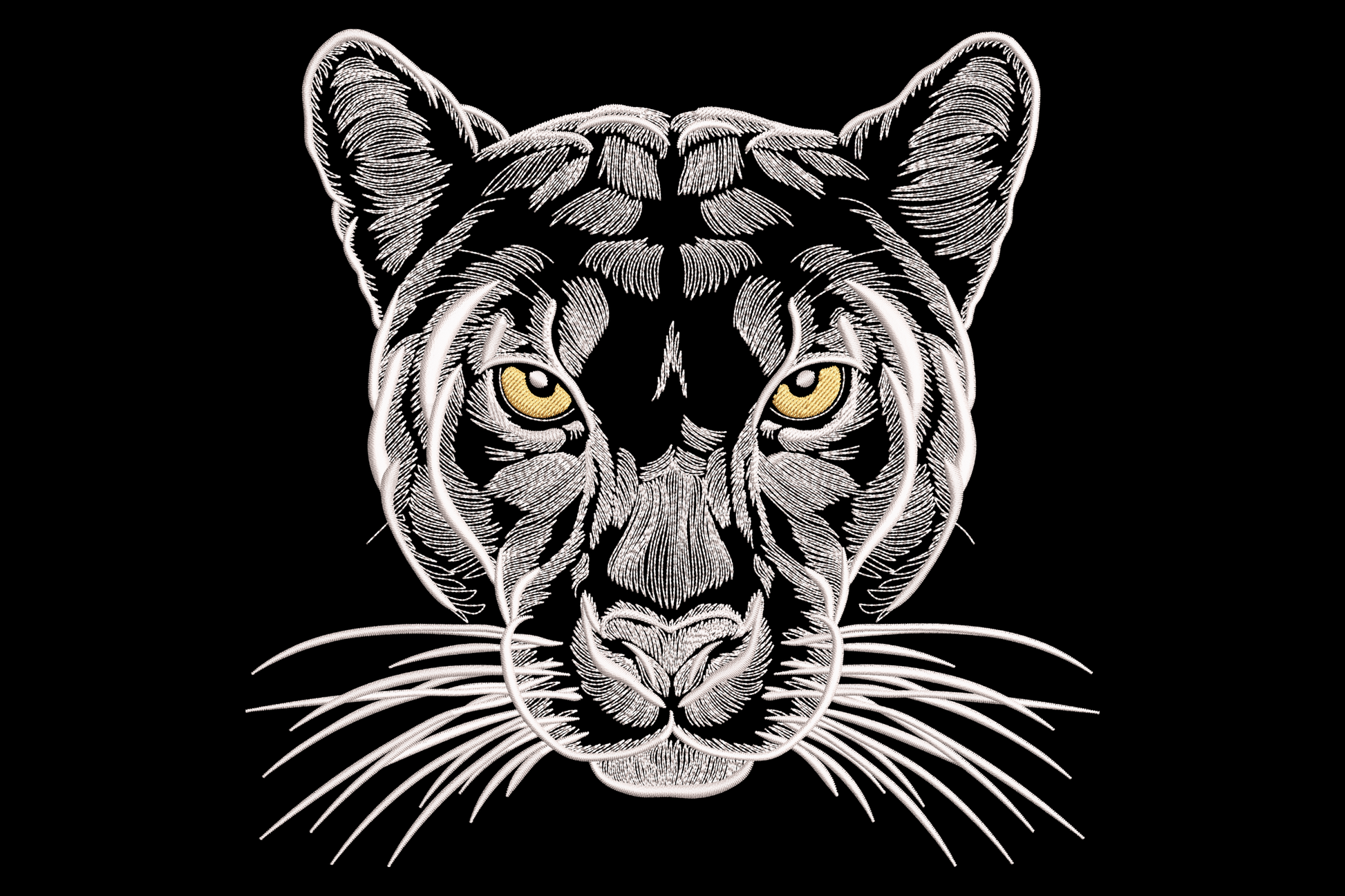 Realistic panther face embroidery design with intense amber eyes, radiating directional fur stitching, and long whiskers on white ground.