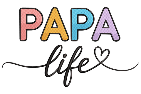 Papa Life embroidery design with colourful block letters in coral pink, orange, sky blue and lavender above a cursive life script with heart.