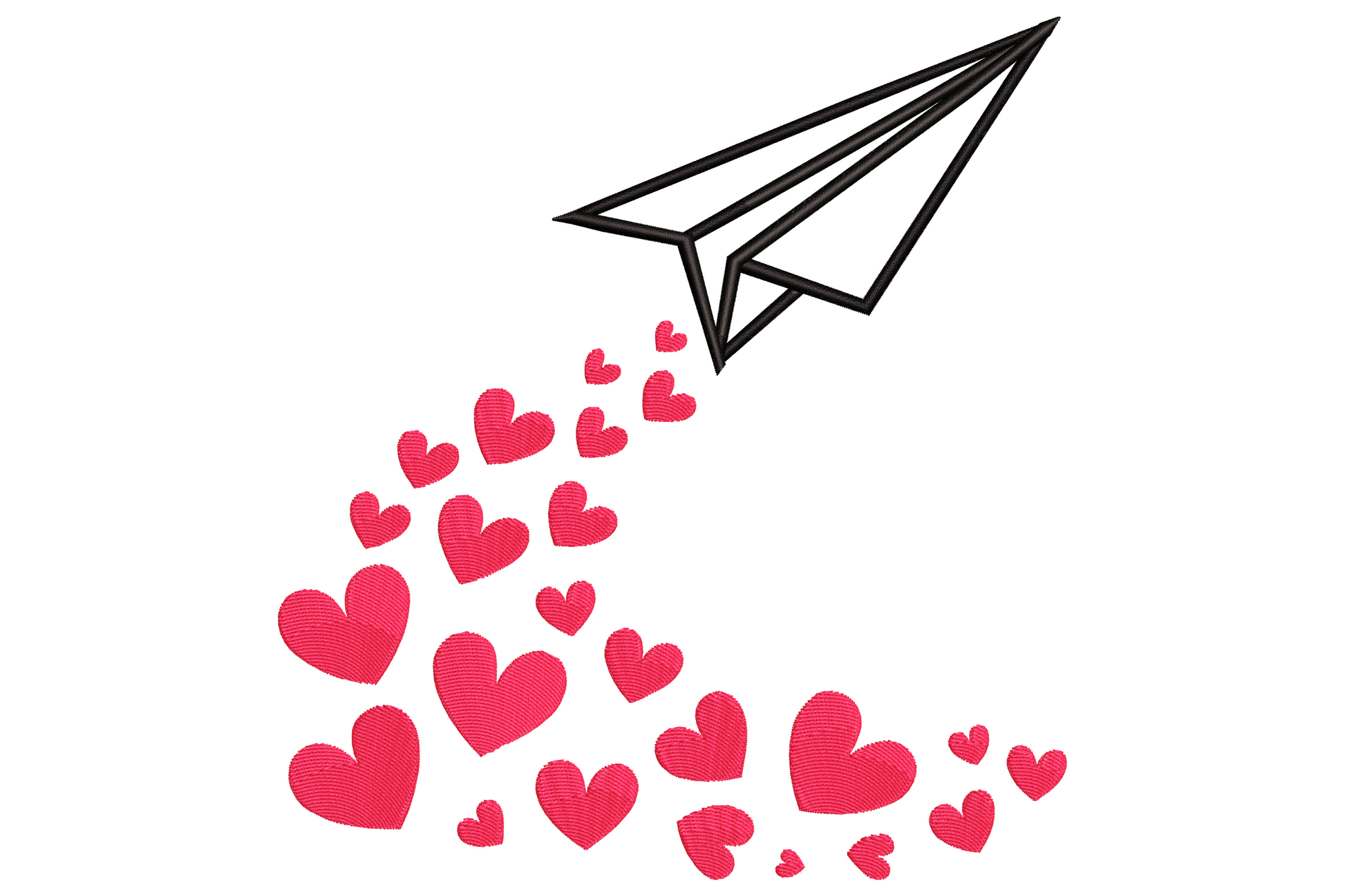 Paper airplane embroidery design with black outline plane and a curving trail of pink hearts in mixed sizes