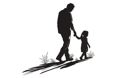Parent and child walking silhouette embroidery, tall adult and small child holding hands, grass path detail, black two-color