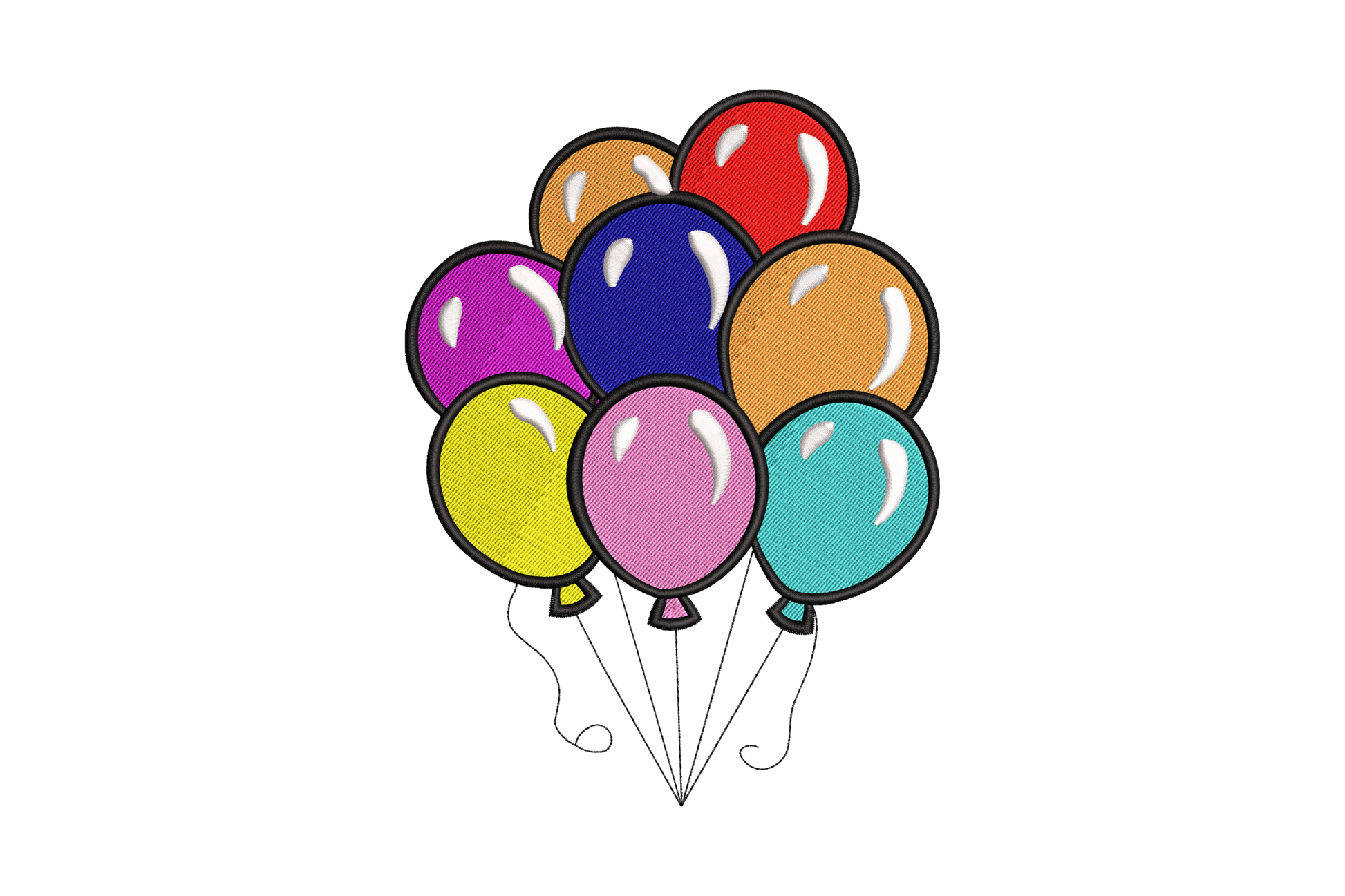 Embroidery design of a tight cluster of nine-color party balloons with black outlines and knotted ribbons at the base