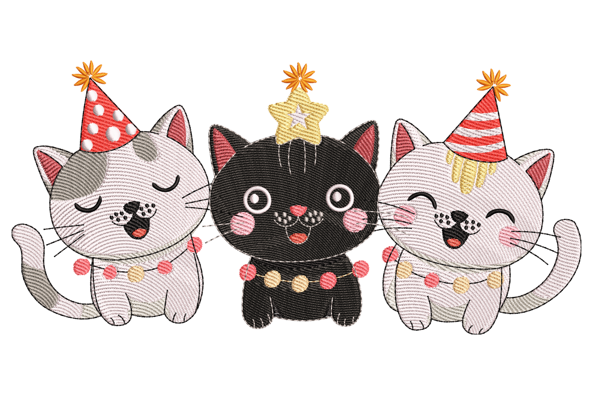 Three cartoon kittens in party hats holding a pom pom garland, black cat in middle with grey tabby cats on sides
