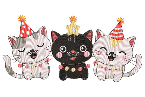 Three cartoon kittens in party hats holding a pom pom garland, black cat in middle with grey tabby cats on sides