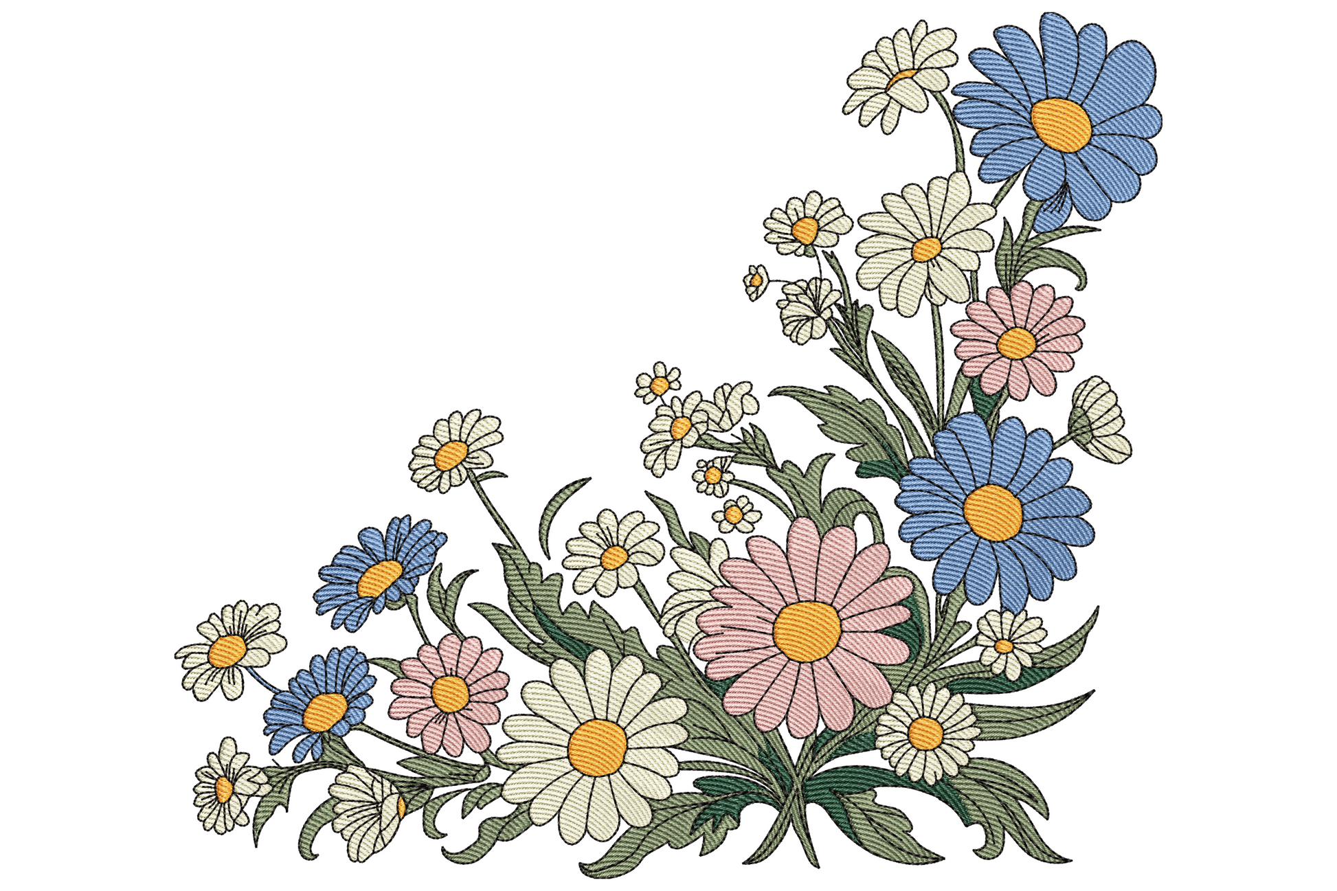 Diagonal corner spray of white and yellow daisies with mustard centres mixed with dusty pink wildflowers, lavender buds, and trailing sage leaves in pastel watercolor style.