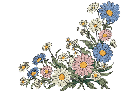 Diagonal corner spray of white and yellow daisies with mustard centres mixed with dusty pink wildflowers, lavender buds, and trailing sage leaves in pastel watercolor style.