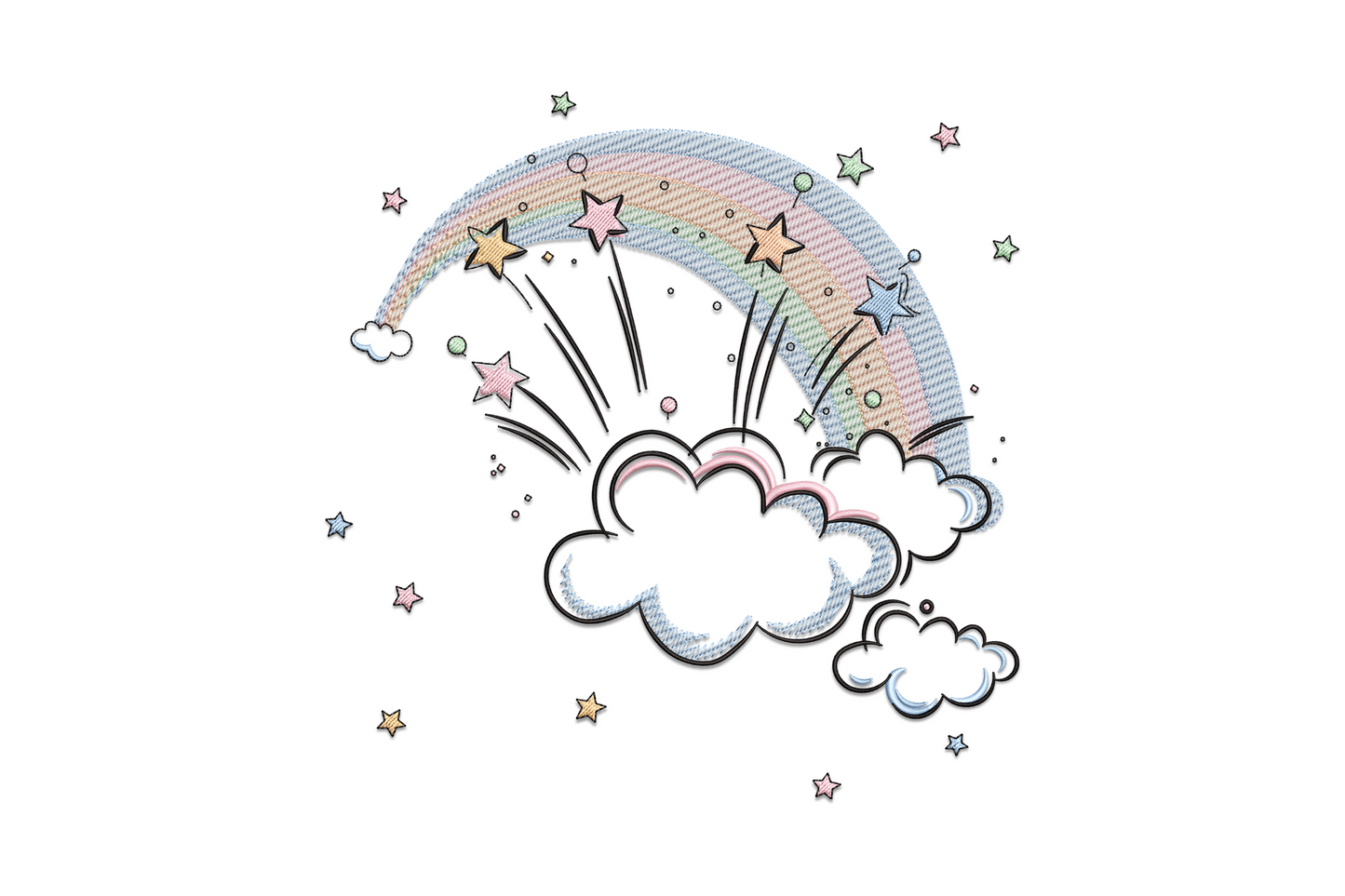 Pastel rainbow cloud embroidery design with scattered hand-drawn stars in pink, mint and peach