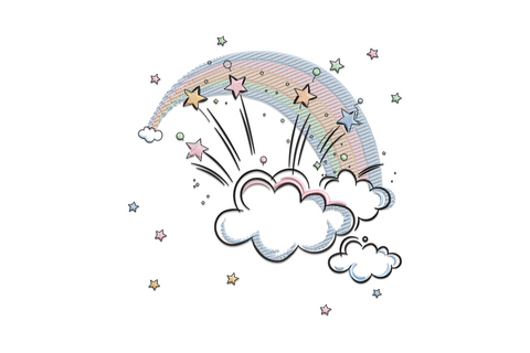 Pastel rainbow cloud embroidery design with scattered hand-drawn stars in pink, mint and peach