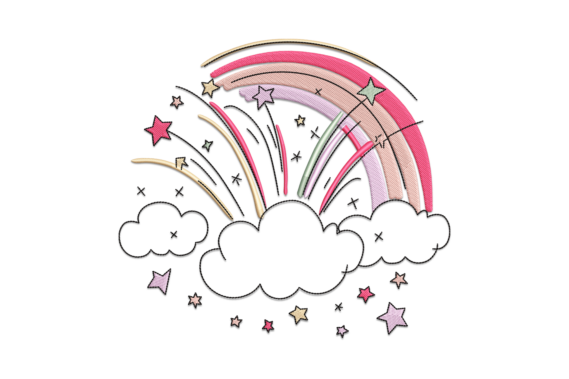 Pastel rainbow clouds embroidery design with blush, lavender and mint arch above two fluffy white clouds, nursery style