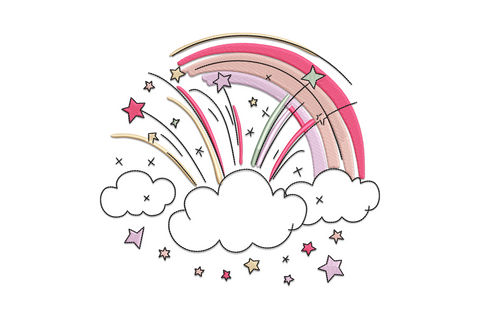 Pastel rainbow clouds embroidery design with blush, lavender and mint arch above two fluffy white clouds, nursery style