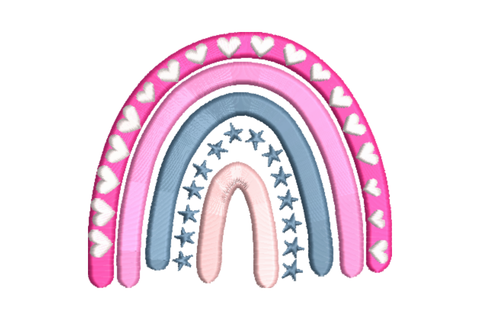 Pastel boho rainbow embroidery with four layered arcs, white hearts on outer band and stars on blue arc
