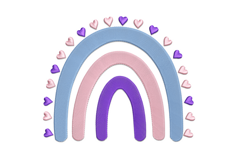 Pastel rainbow embroidery design with three nested arches in pastel blue pink and purple, small hearts along the top edge