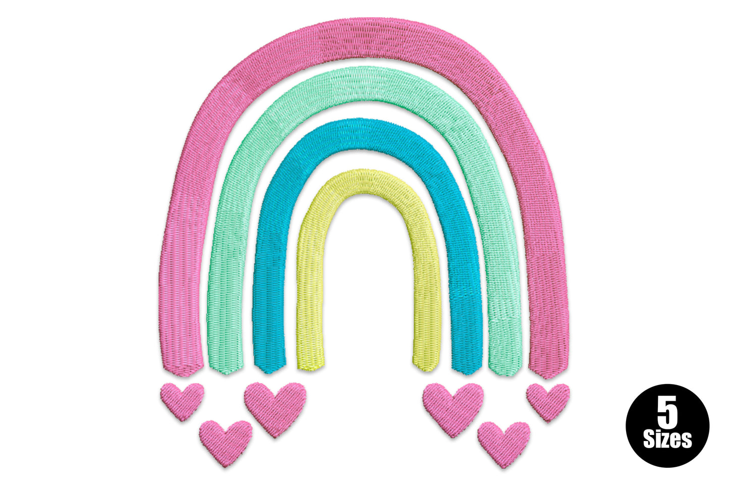 Pastel rainbow with hearts machine embroidery design in soft peach lavender and mint, 5 sizes 4599 to 23183 stitches, ideal for baby nursery and shower gifts