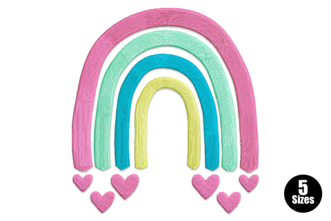 Pastel rainbow with hearts machine embroidery design in soft peach lavender and mint, 5 sizes 4599 to 23183 stitches, ideal for baby nursery and shower gifts