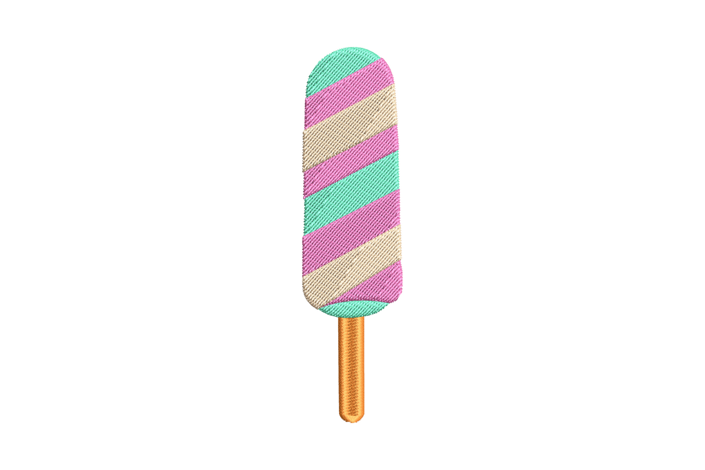 Pastel striped popsicle embroidery design with turquoise pink and cream diagonal bands on an orange wooden stick.