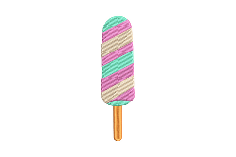 Pastel striped popsicle embroidery design with turquoise pink and cream diagonal bands on an orange wooden stick.