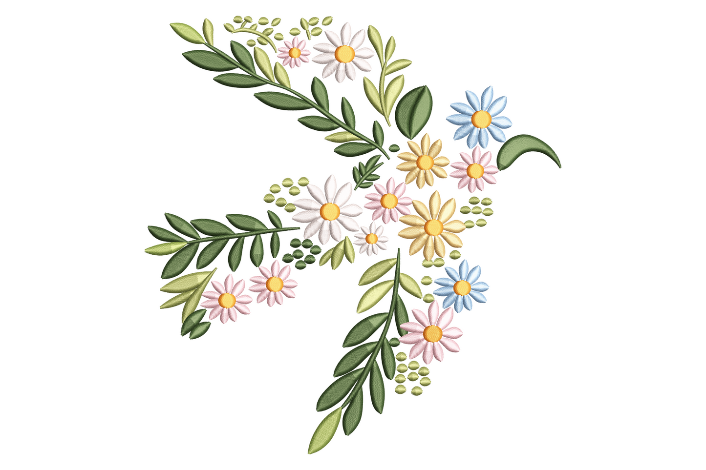 Pastel wildflower corner spray embroidery, pink daisies, blue cornflowers, white blooms, green stems, 8 colors, machine embroidery instant download