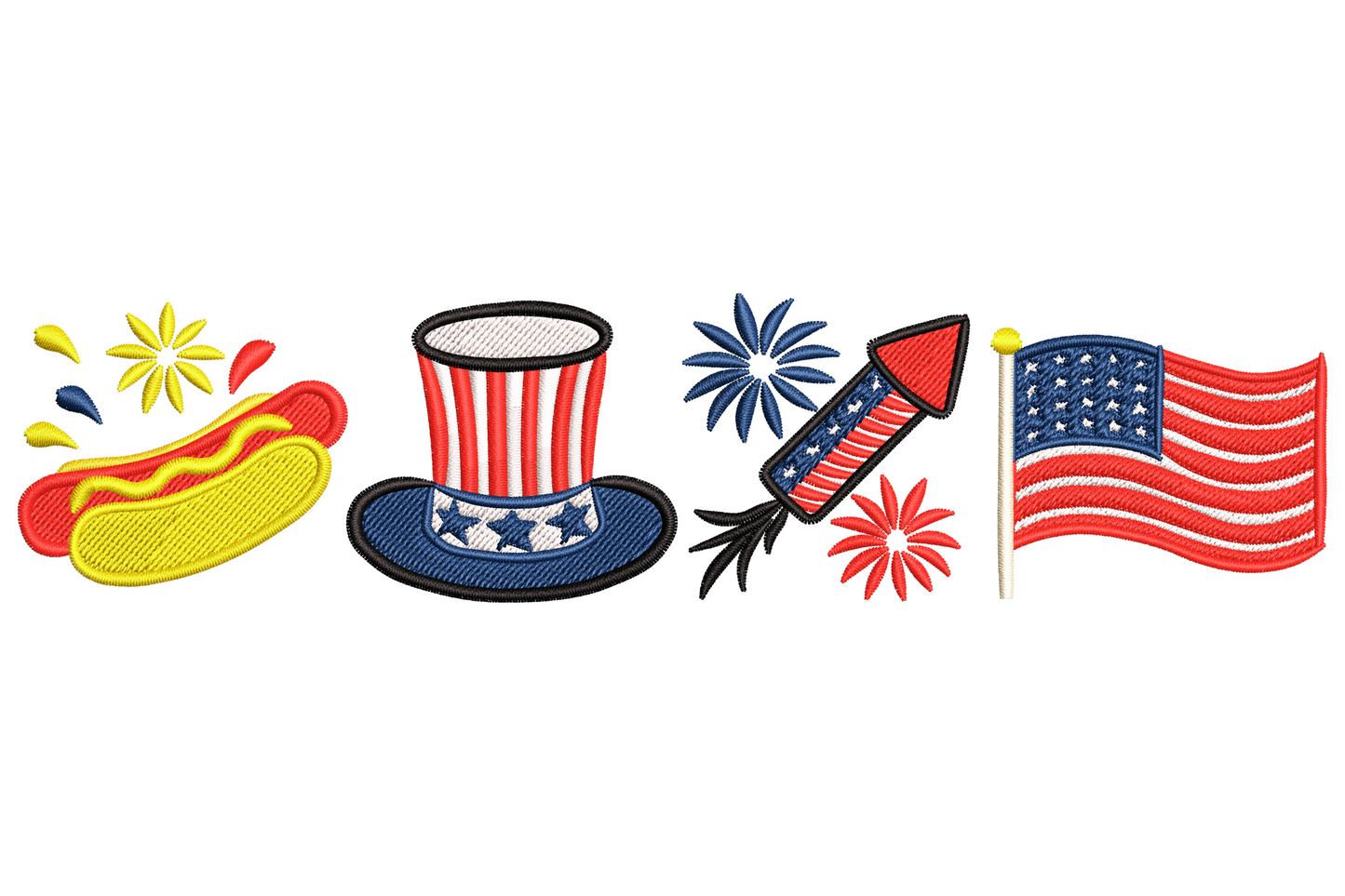 Patriotic 4th of july elements embroidery with hot dog, striped tophat, firework rocket with bursts and waving American flag in a row.