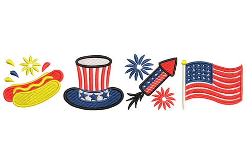 Patriotic 4th of july elements embroidery with hot dog, striped tophat, firework rocket with bursts and waving American flag in a row.