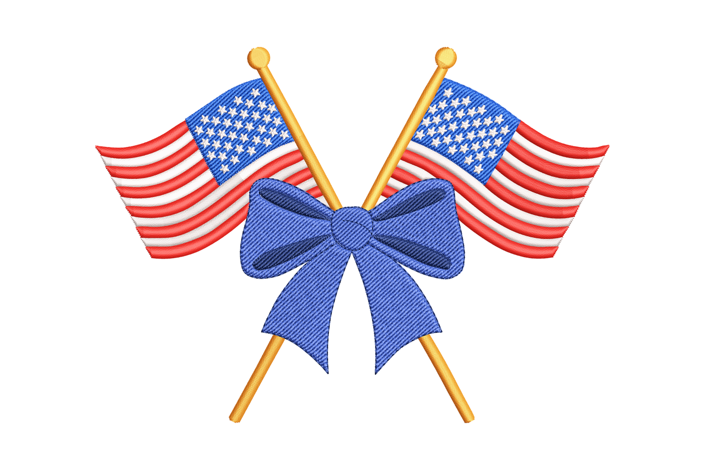 Two American flags with a blue bow between them embroidery design