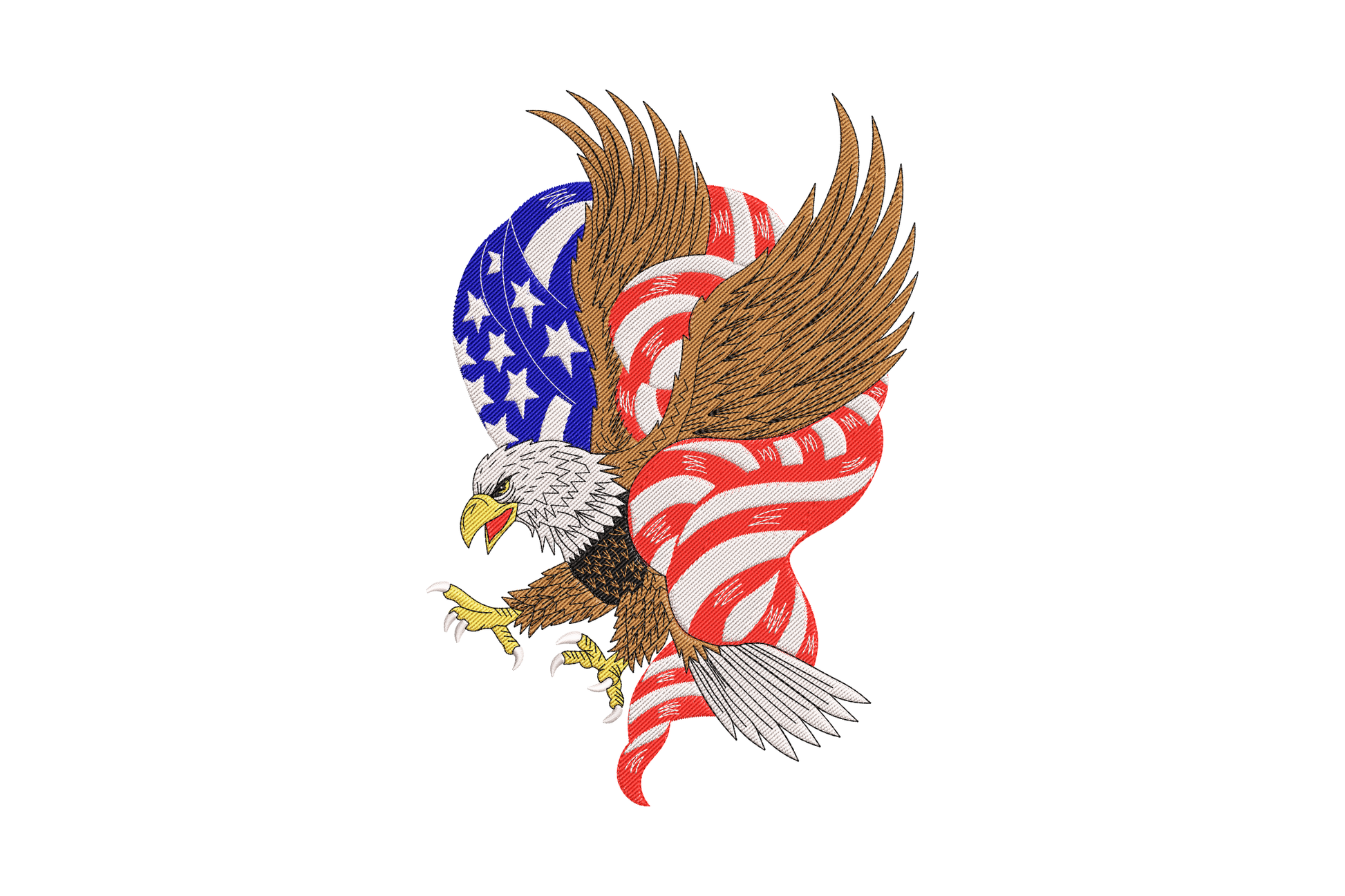 Patriotic bald eagle with American flag embroidery design, 8 colours including red white blue and brown, 3 sizes 8-10 inches, Wilcom EmbroideryStudio digitised.