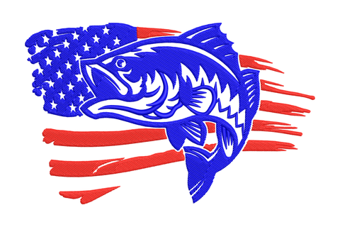 Patriotic bass fish embroidery design with jumping largemouth bass over distressed flag stripes in navy and red, machine embroidery instant download