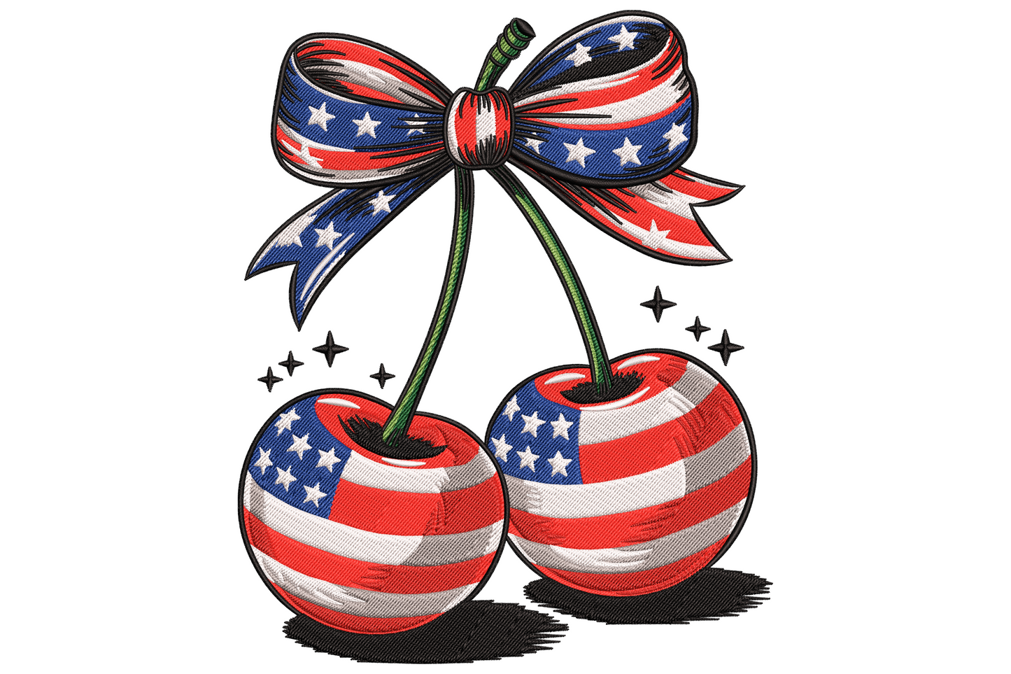 Patriotic bow cherries embroidery with twin red cherries painted in stars and stripes flag pattern and a striped bow.