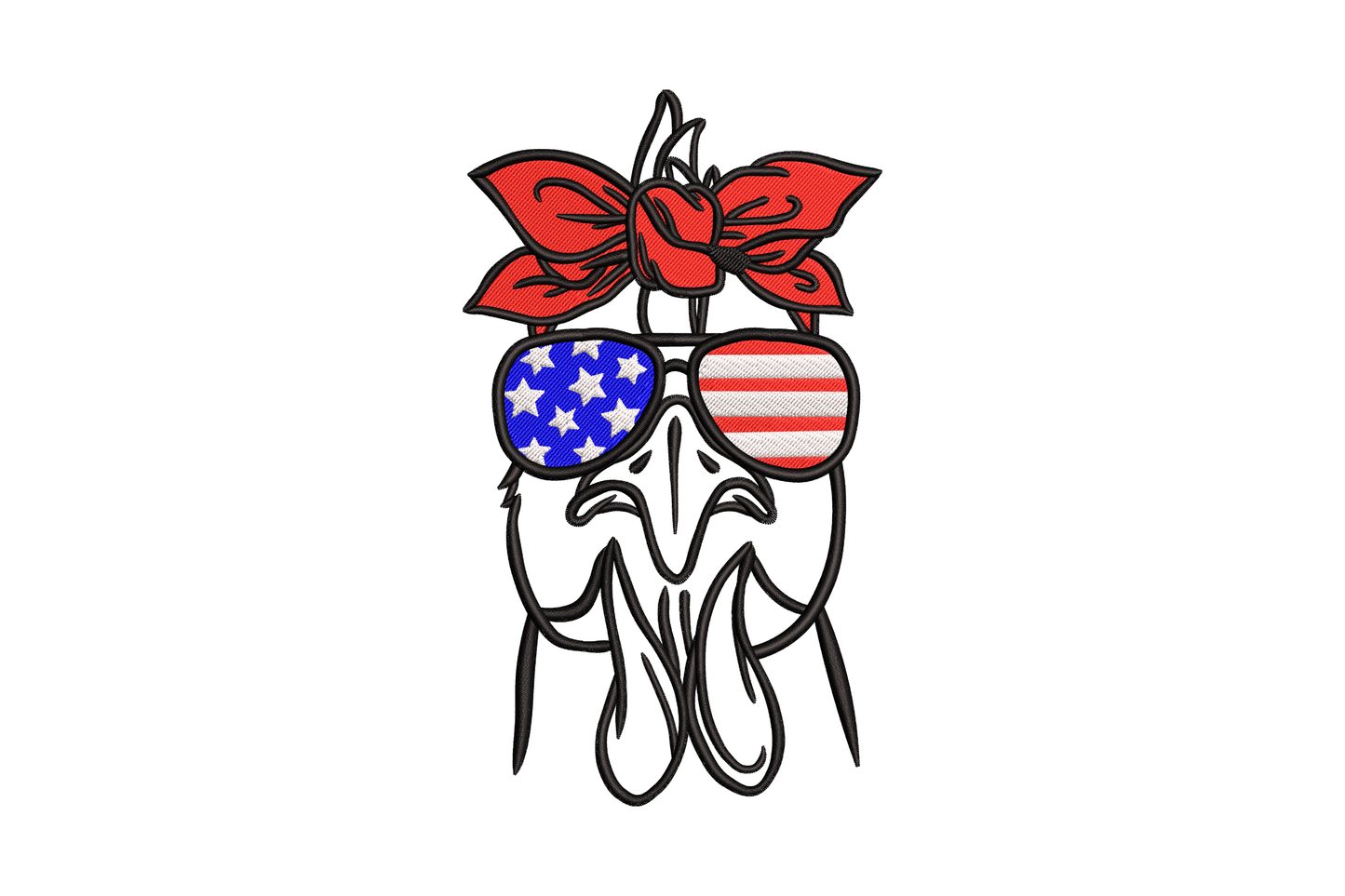 Embroidery design of a sassy chicken face with red bow bandana and USA flag sunglasses in red white and blue, patriotic 4th of July farm animal design