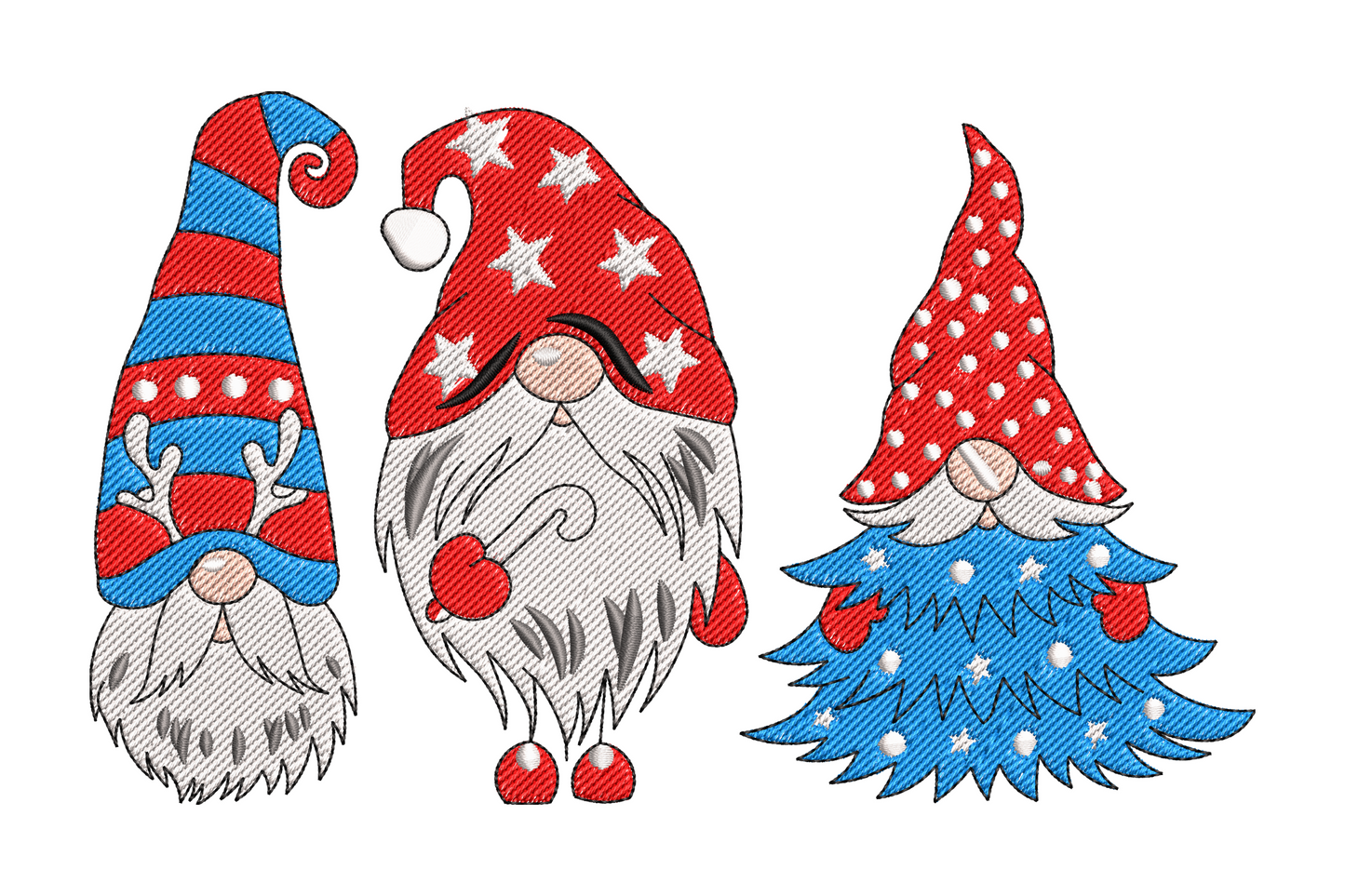 Patriotic Christmas gnome trio embroidery design, three gnomes in red, white, blue star-print hats, one with Christmas tree body shape