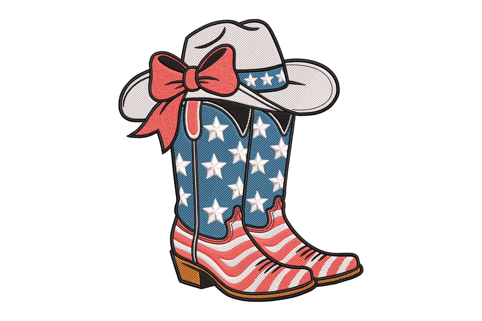 American flag cowboy boots with a hat and red bow embroidery design