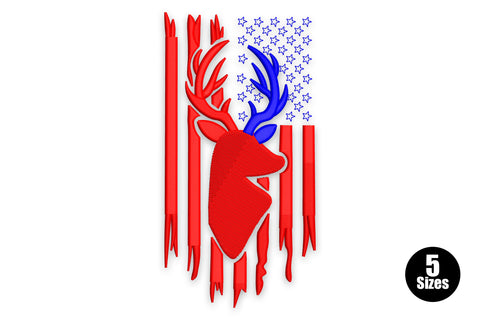 Patriotic deer embroidery design with deer portrait silhouette over distressed American flag in red and blue, shown on white
