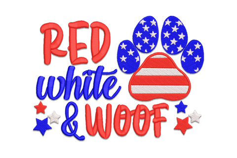 Patriotic dog paw embroidery design with RED white and WOOF text and American flag paw print with stars