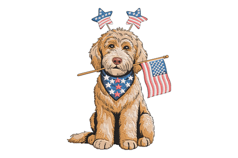 Illustration of a dog with American flags embroidery design