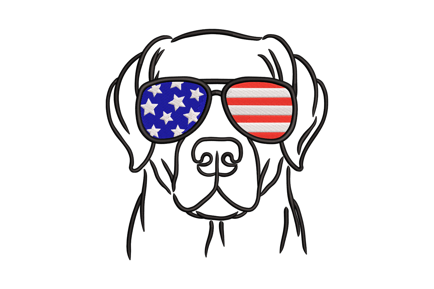 Patriotic dog face embroidery design with flag aviator sunglasses, stars and stripes lenses, black outline style, machine embroidery instant download