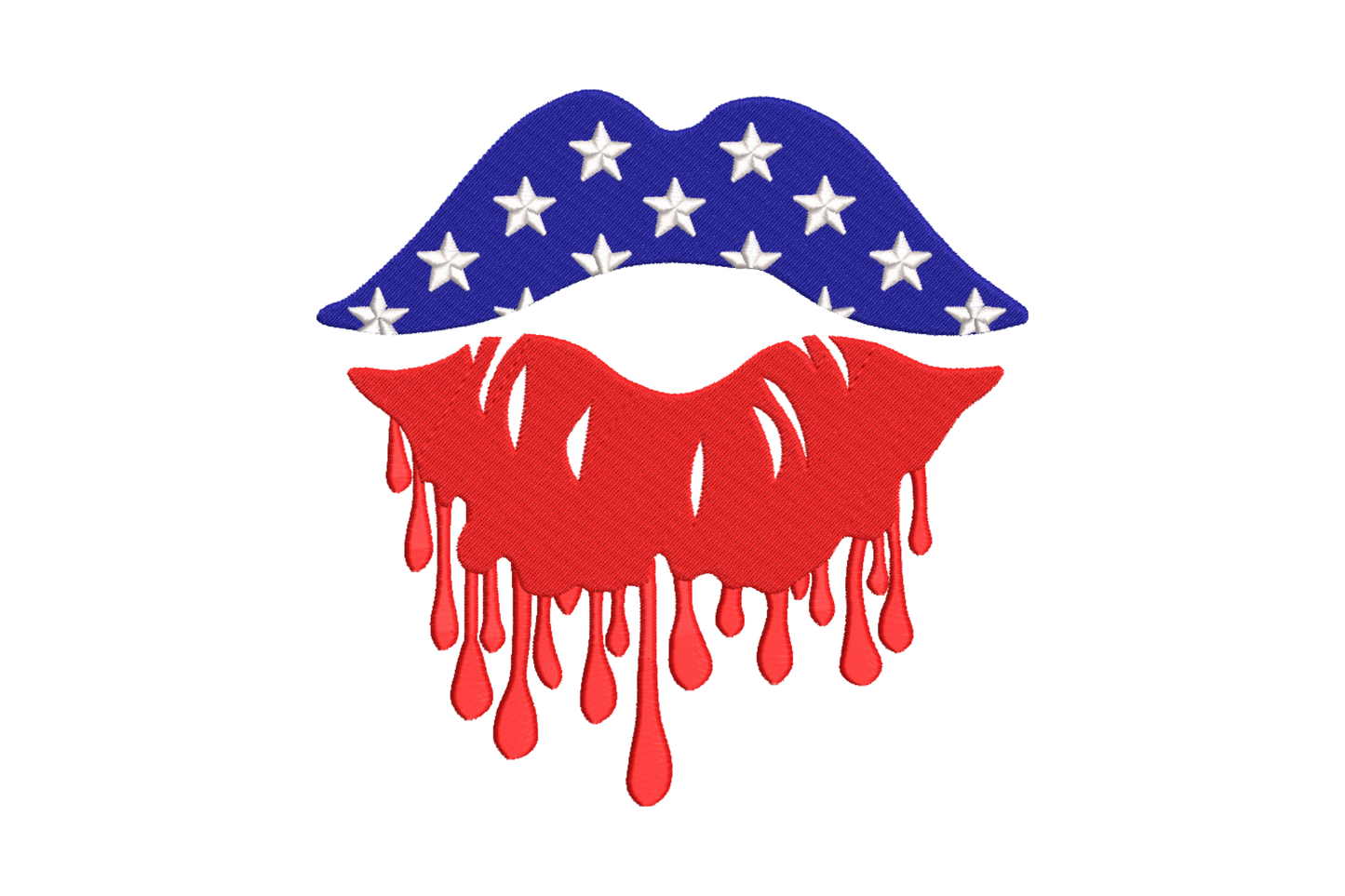 Patriotic dripping lips embroidery design with navy blue star-filled upper lip and red lower lip with dripping paint drops