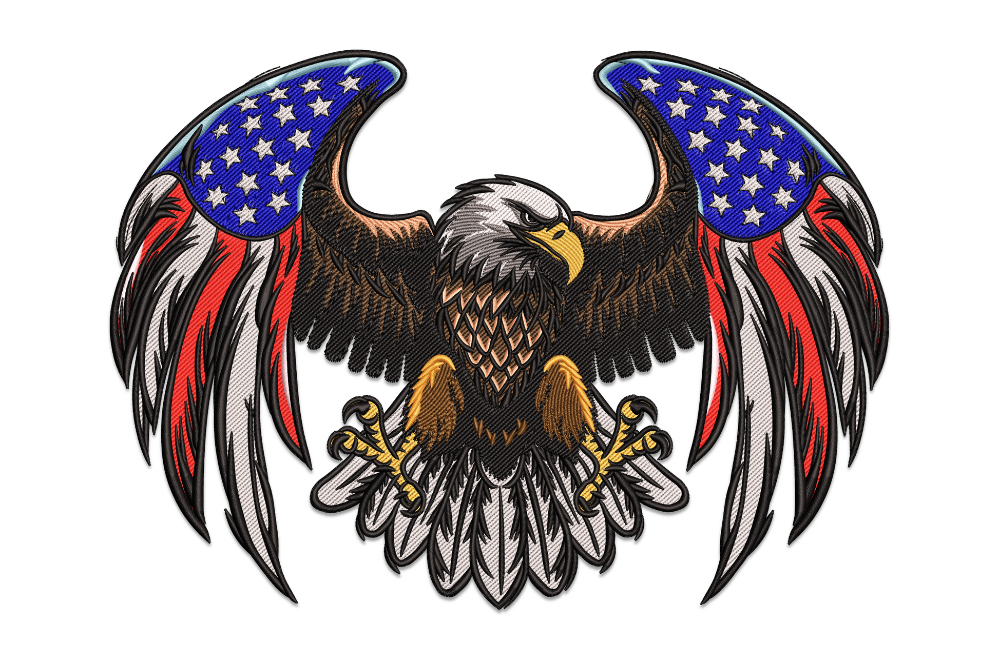 Patriotic bald eagle embroidery, wings wide with blue star field and red-white stripes, golden beak and brown body.