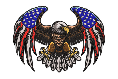 Patriotic bald eagle embroidery, wings wide with blue star field and red-white stripes, golden beak and brown body.