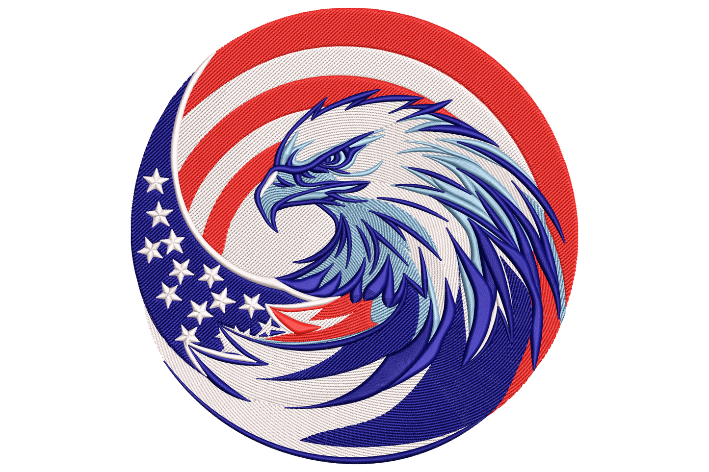 Patriotic eagle USA embroidery, bald eagle head inside circular red white and navy star shield, bold badge-style design.