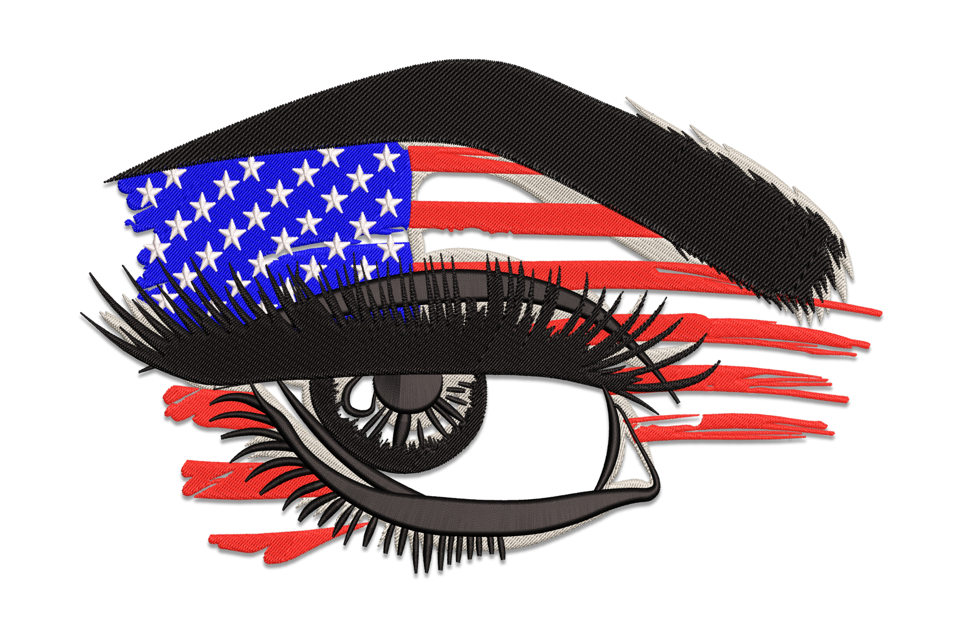 Patriotic eye embroidery design with american flag red and white stripes in the iris and navy star field in the pupil, 5 colours detailed stitching.