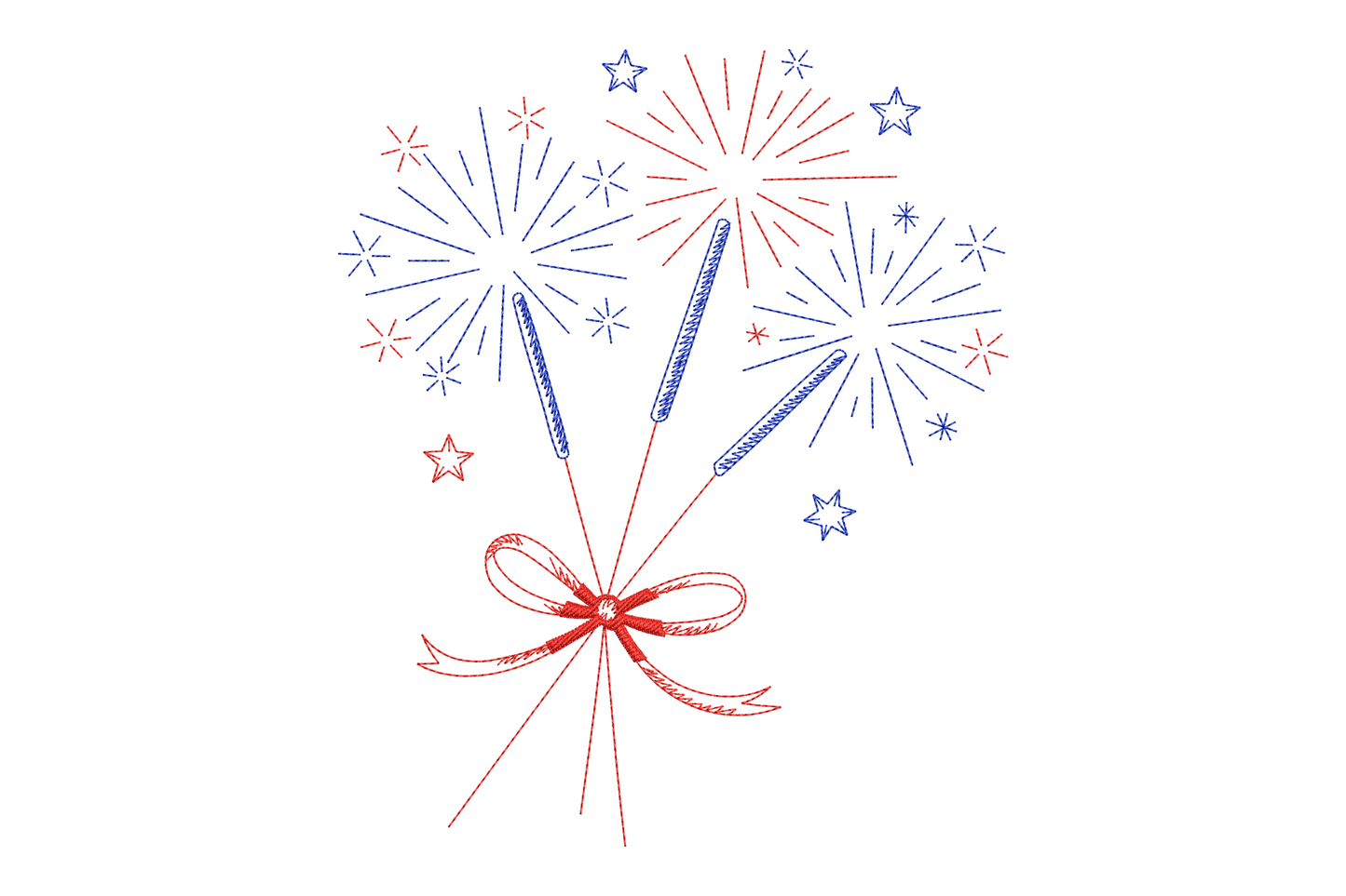 Decorative illustration of red and blue fireworks embroidery design