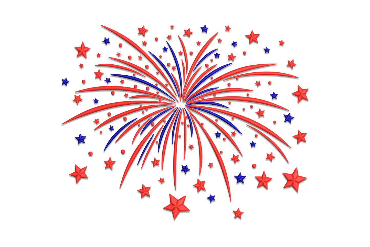 Patriotic fireworks burst embroidery design with red radial spokes and white star tips exploding from centre point, 2 colours.